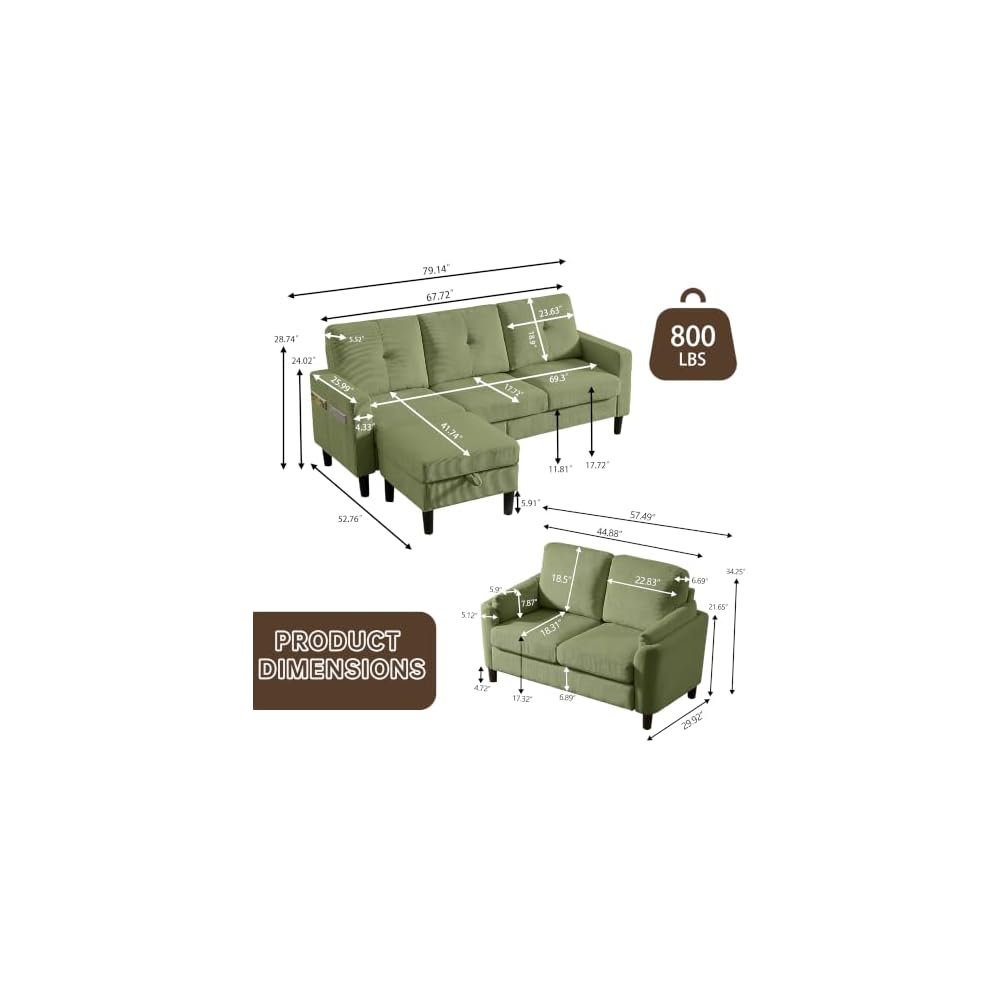 2 Piece Sectional Sofa Couch Set, 3-Seater Couch and Loveseat