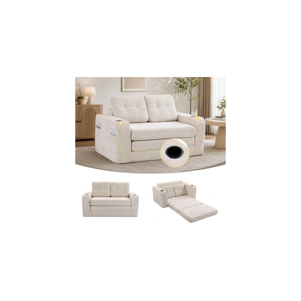 Convertible Sofa Bed, 2-in-1 Pull-Out Loveseat Sleeper with Pillows, Cup Holders and Side Pockets, Corduroy Folding Floor Couch for Small Spaces,Beige