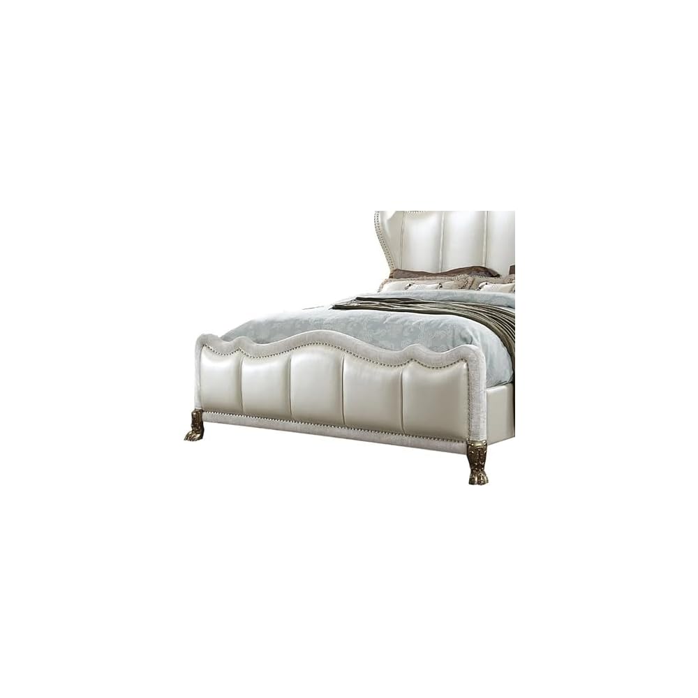 Ally California King Bed, White Faux Leather Victorian Carved, Silver
