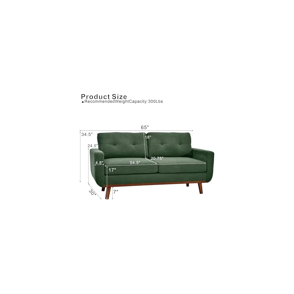 KEIKI 65" Upholstered Sofa, Corner Couch, 2 Seat Comfortable Couch with Solid Wood Legs for Living Room, Apartment, Office, Dark Green