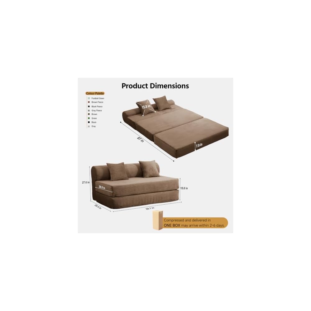 59" Convertible Sofa Bed, Boneless Sleeper Chair Couch bed with 2 Pillows