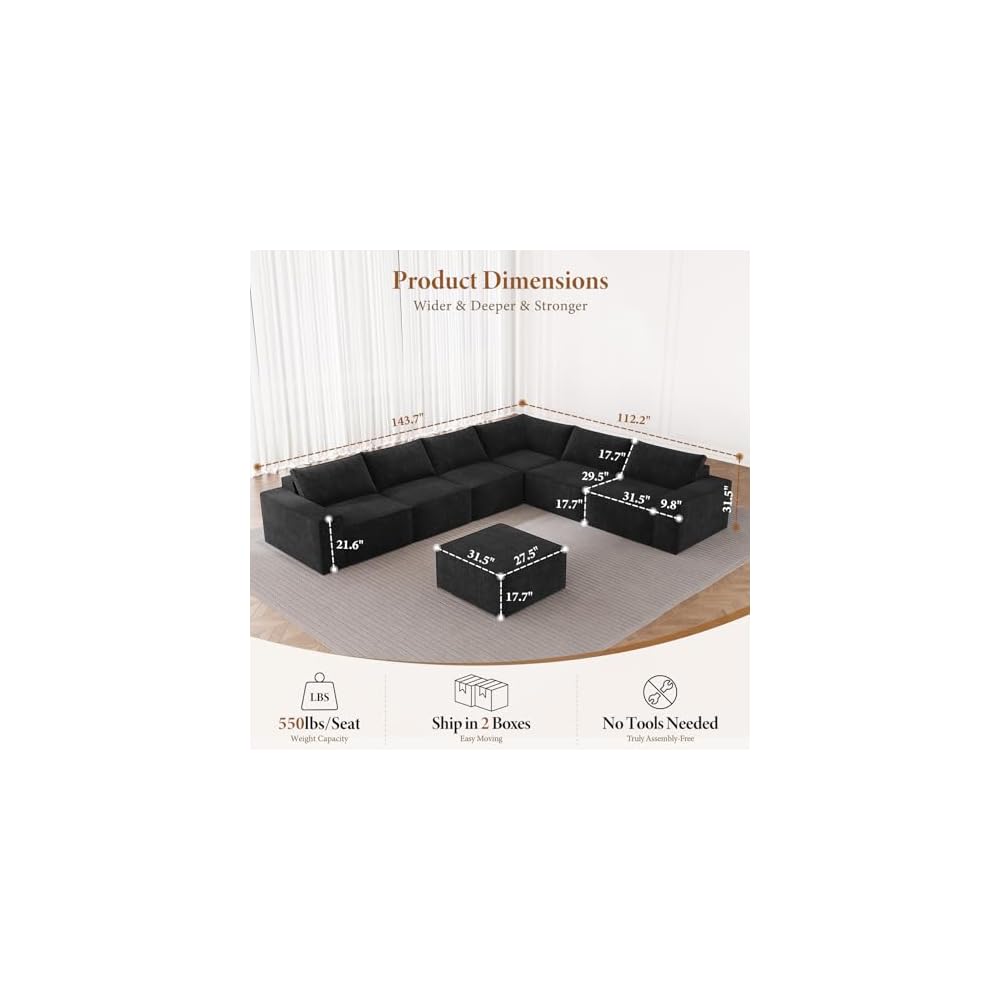 Vesgantti 143.7" Large Boneless Sectional Couch, 7 Seater Sofas, Black