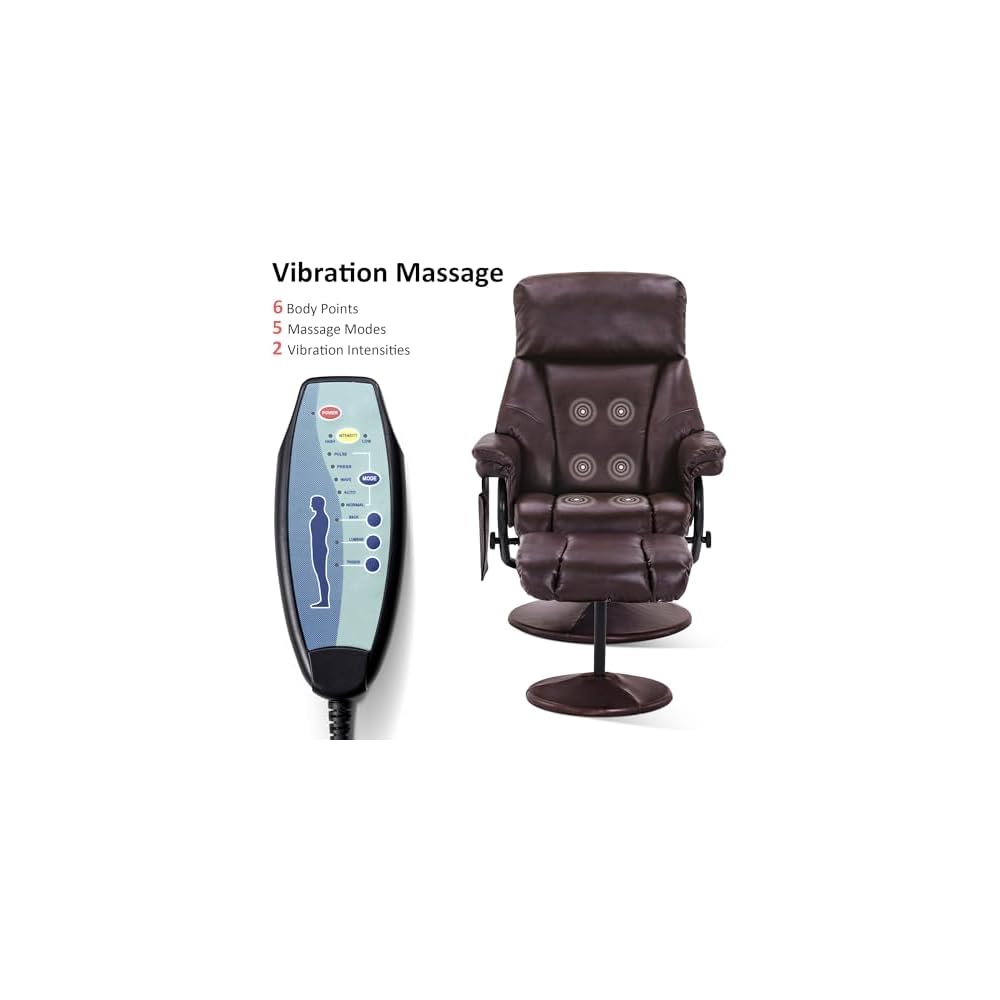 MCombo Swivel Recliner with Ottoman, TV Chair with Vibration Massage, Ideal for RV Small Space, Living Room & Bedroom 4539 4828 (Faux Leather, Dark Brown)