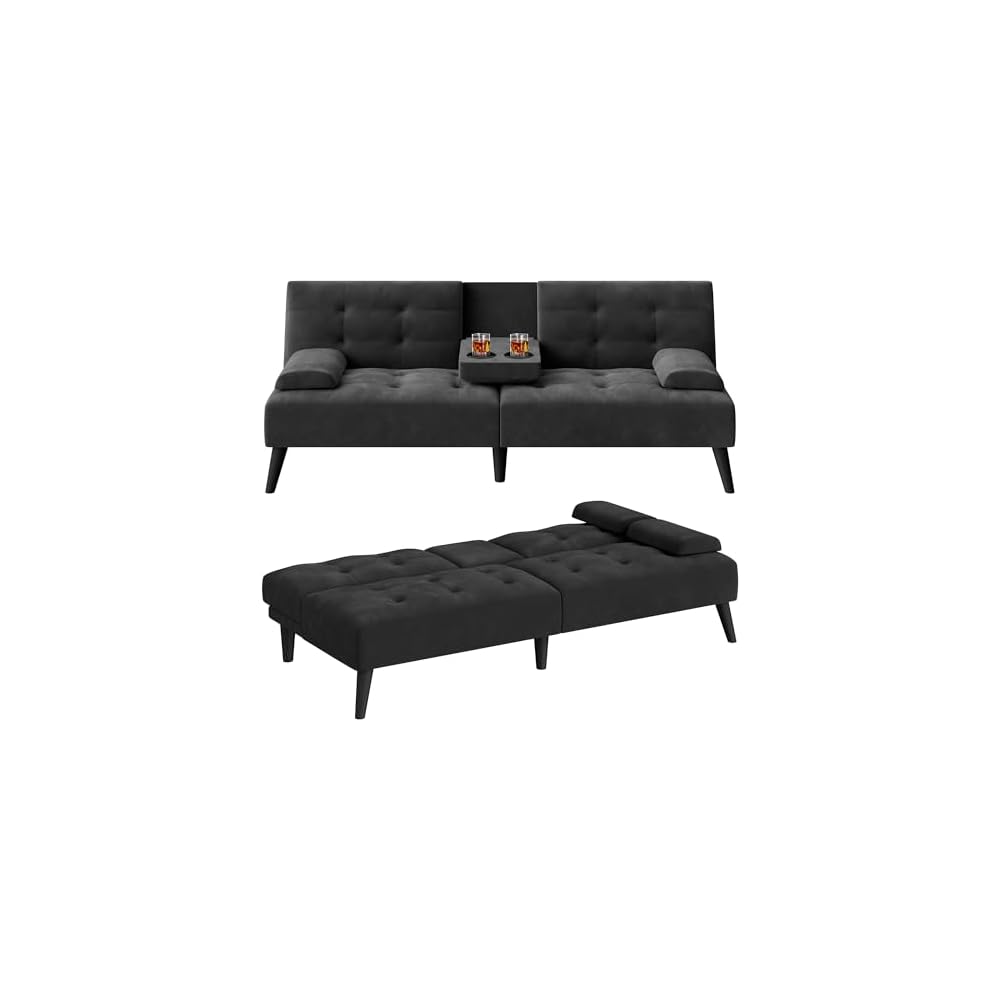 64" Futon Sofa Bed, 64" Convertible Loveseat with 2 Cup Holders, Small Couch with 3 Adjustable Angles & Removable Armrest, Sleeper Sofa for Apartment, 5.3 FT, Black