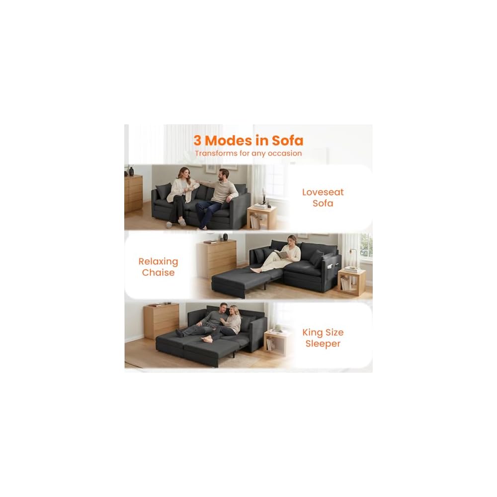 CECER Convertible Sleeper Sofa Bed, 3-in-1 Pull Out Couch, King, Dark Grey