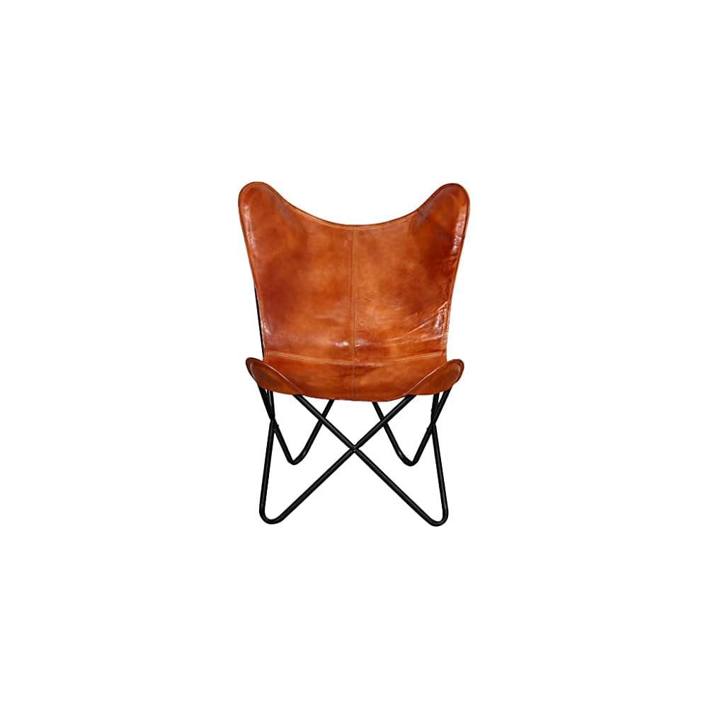 Brown Butterfly Chair-Leather-Handmade-Foldable, Solid Iron Frame-Industrial Lounge Chair