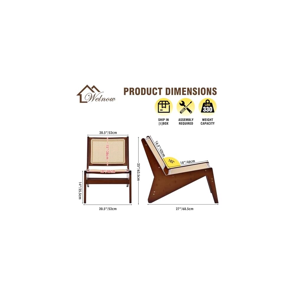 Welnow Mid Century Rattan Accent Chair with Woven Cane Backrest，Walnut