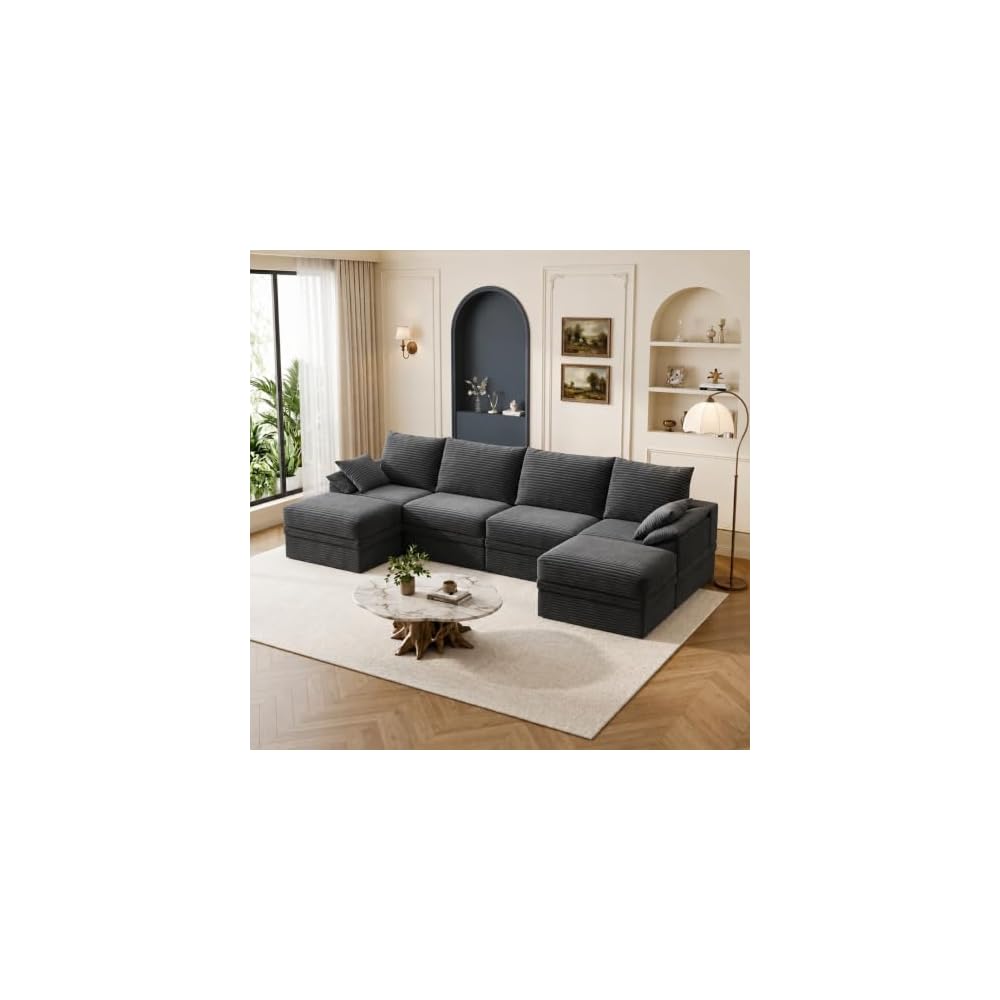 142" Modular Sectional Sofa Boneless Couch with Storage,U-Shape 4 Seat Comfy Modern Couch Sofa with Chaise, 27" Deep Seat Corduroy Sofa for Living Room, Tool-Free Assembly - Dark Grey