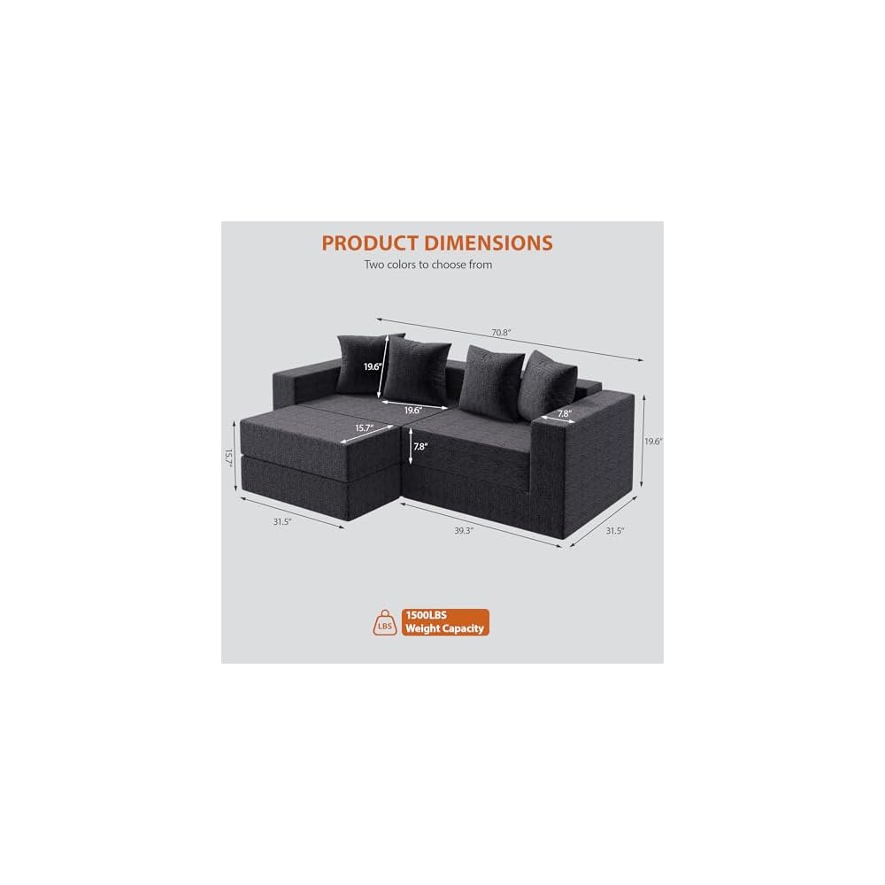 Modular Boneless Loveseat, L-Shape Cloud-Like Sectional Couch with High-Density Memory Foam, Convertible Comfy Couch for Living Room Apartment Small Space - No Assembly Required, Grey
