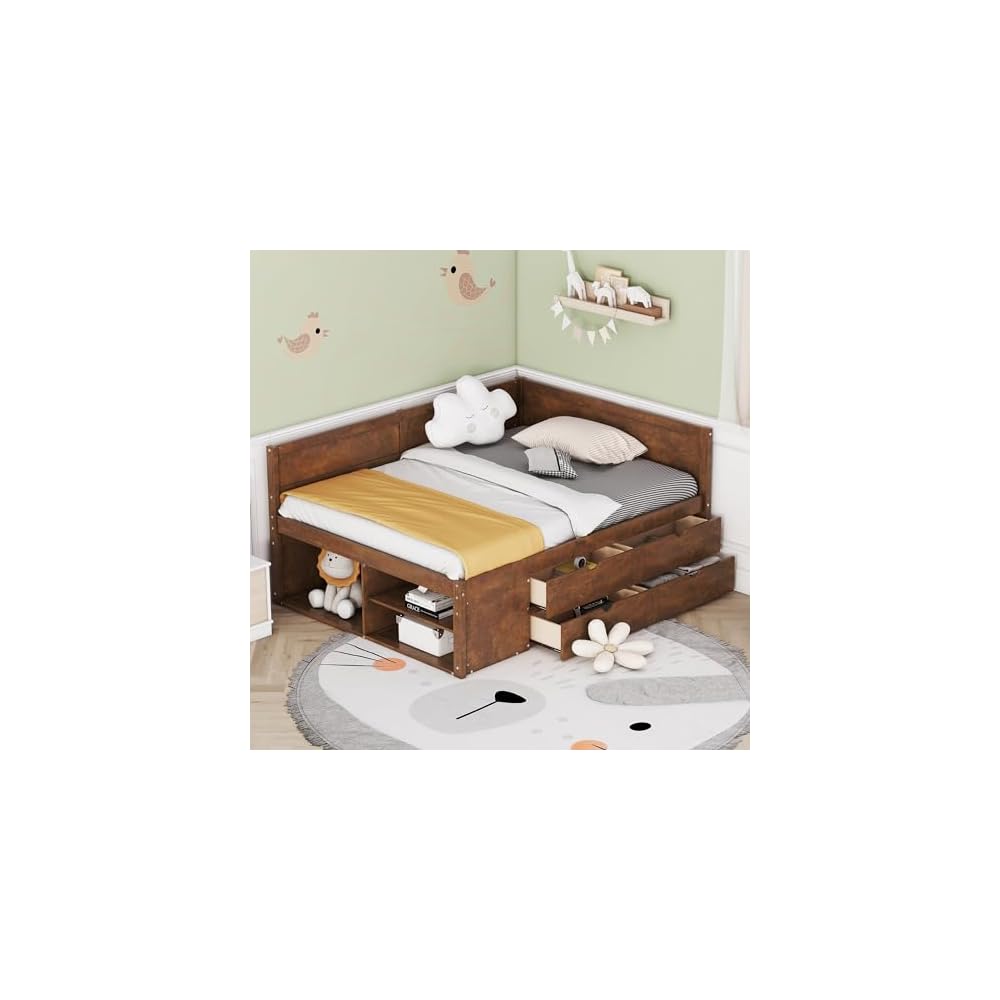 Merax Wooden Daybed, Full Size Bed Frame with Drawers and Storage Shelves for Bedroom, Wood Slat Support, No Box Spring Needed, Easy Assembly (Walnut)