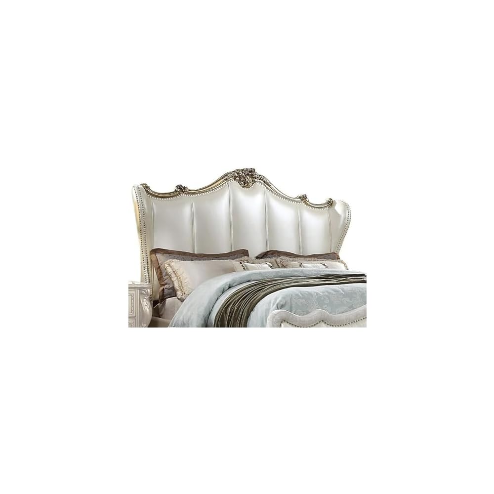 Ally California King Bed, White Faux Leather Victorian Carved, Silver