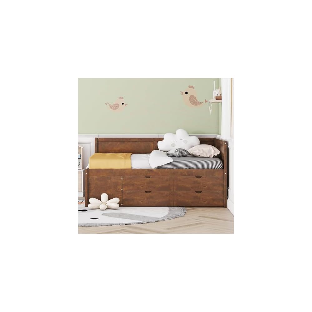 Merax Wooden Daybed, Full Size Bed Frame with Drawers and Storage Shelves for Bedroom, Wood Slat Support, No Box Spring Needed, Easy Assembly (Walnut)