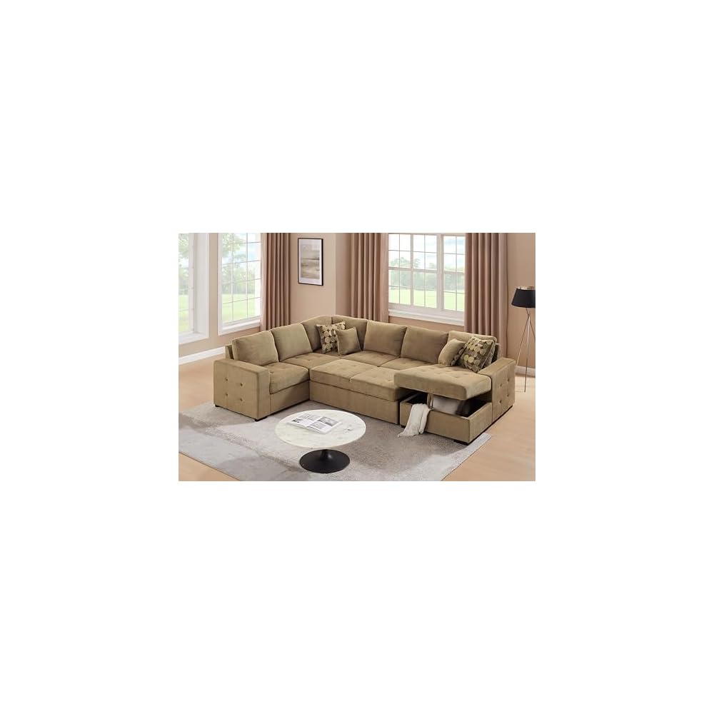 THSUPER 123'' Sectional Sleeper Sofa Couch with Pull Out Bed, Oversized Sleeper Sectional Couches with Storage Chaise U Shape Sofas for Living Room, Brown