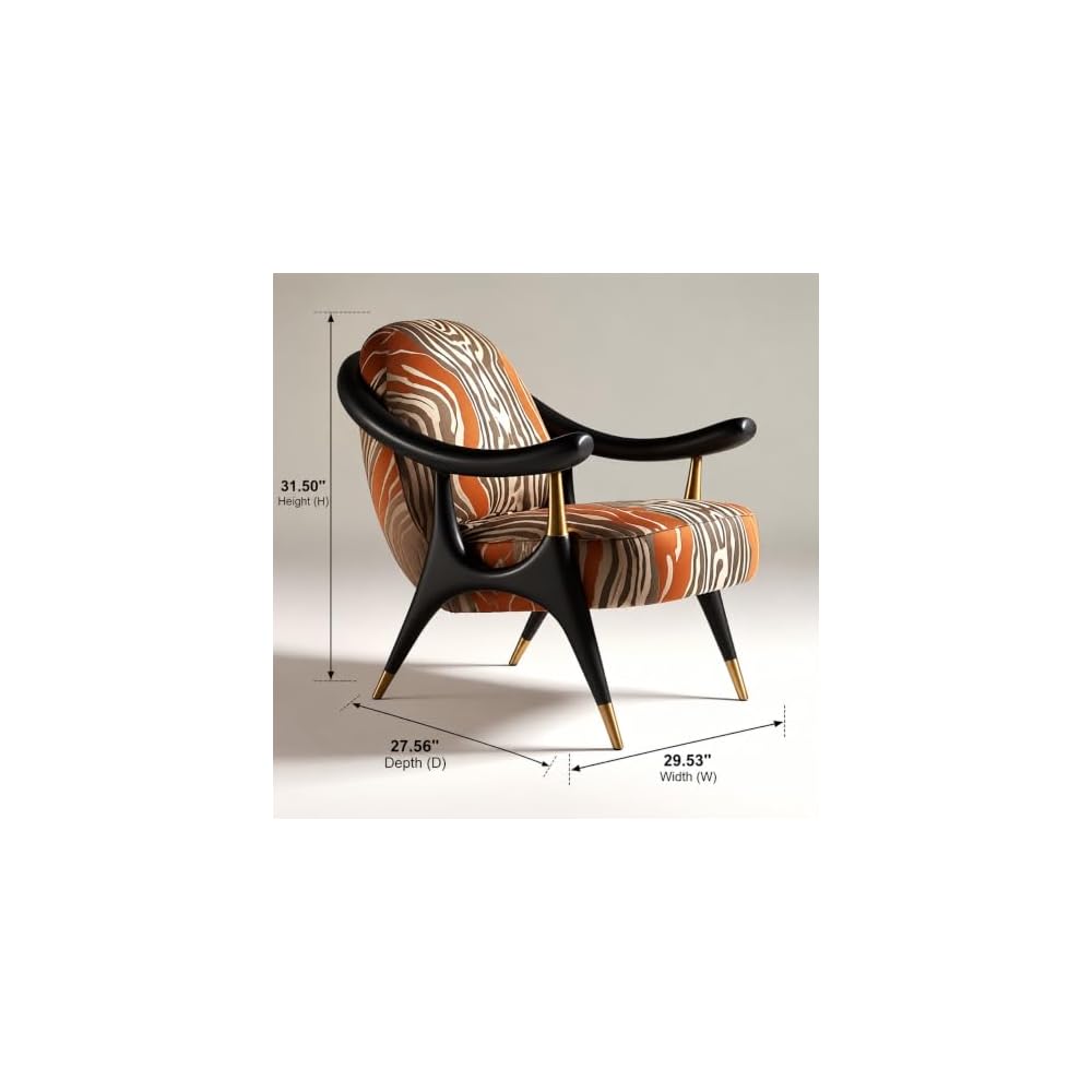 Retro Patterned Velvet Accent Chair with Black Wood Frame and Gold Details