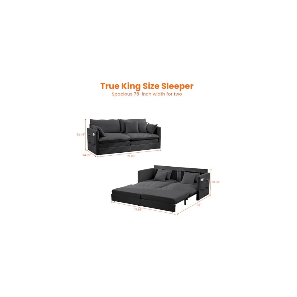 CECER Convertible Sleeper Sofa Bed, 3-in-1 Pull Out Couch, King, Dark Grey