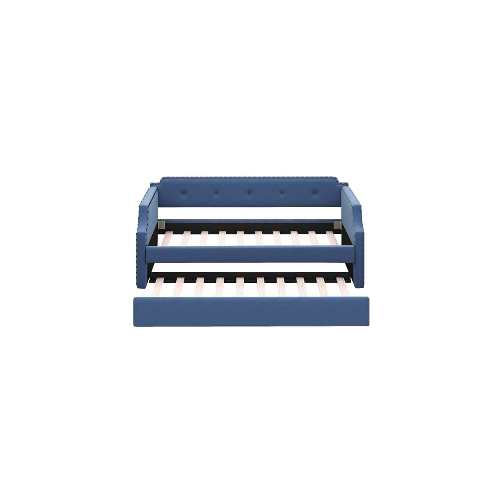 Flieks Twin Upholstered Daybed, Linen Fabric Upholstered Tufted Sofa Bed with Trundle, Sofa Bed Trundle Daybed with Wood Frame (Blue)