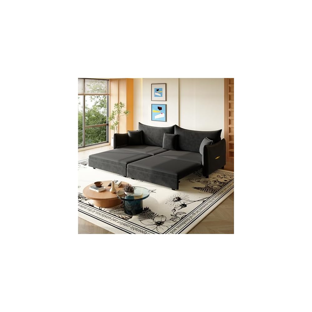 81.9" King Pull Out Sofa Bed,3-in-1 Convertible Sofa Bed with 3 Pillows & Golden Accent Detail Design, Modern Velvet 3-Seater Couch,for Small Space,Living Room,Apartment