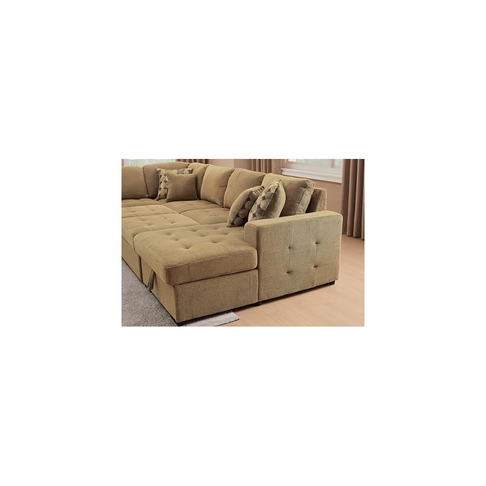 THSUPER 123'' Sectional Sleeper Sofa Couch with Pull Out Bed, Oversized Sleeper Sectional Couches with Storage Chaise U Shape Sofas for Living Room, Brown