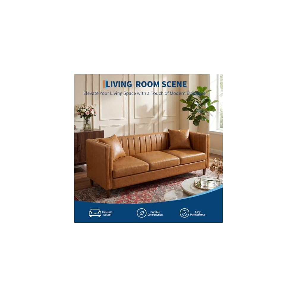 81” Tan Faux Leather Couch for Living Room