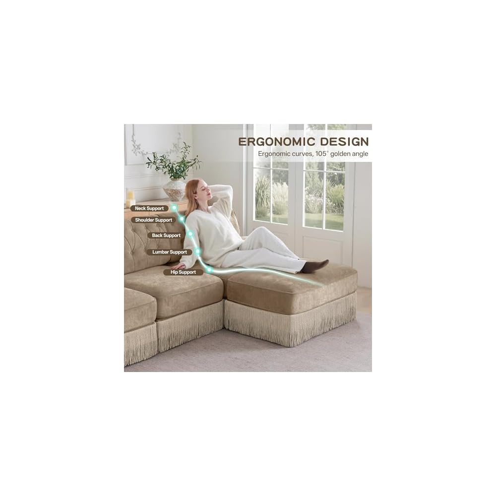 healthomse Modular Sectional Sofa Couch, Soft Velvet Fabric Chesterfield Style Sofa, Modern Button Tufted Couch with Floor-grazing Tassel Fringe Skirt, for Living Room, Bedroom (Camel, 106.1inch)
