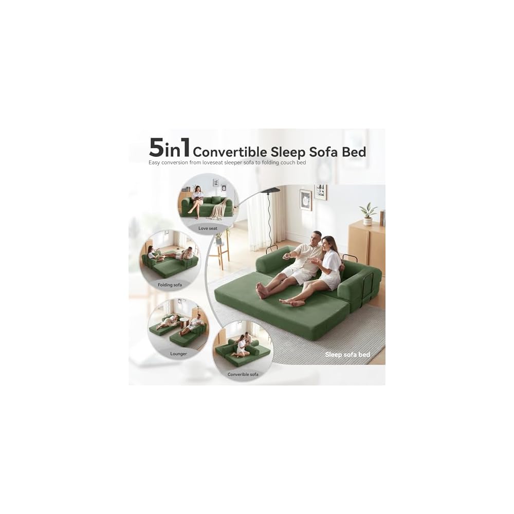 79" Convertible Futon Sofa Bed, Boneless Couch for Living Room (Green)