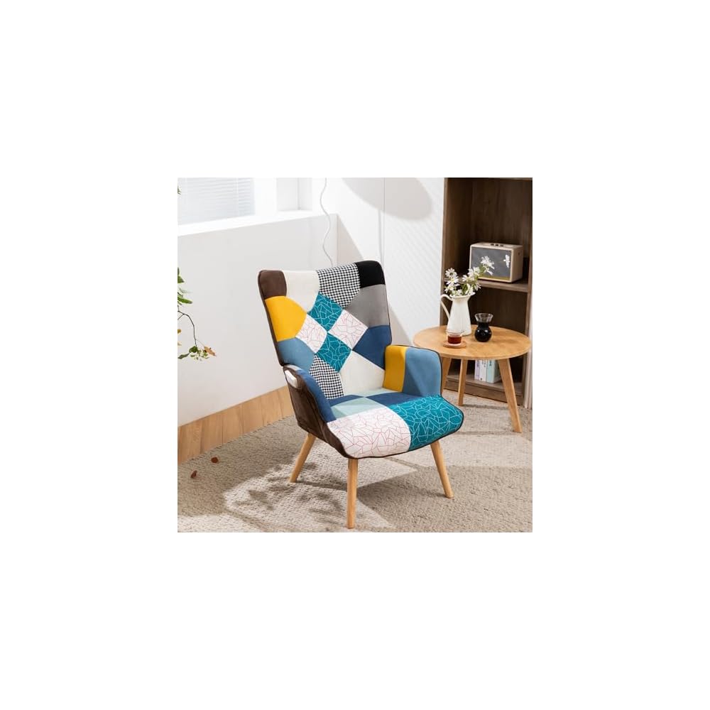 Modern Patchwork Accent High Backrest Armrests Lounge Recliner Chair Easy Assembly for Living Room Bedroom Studio Antique Blue One Size