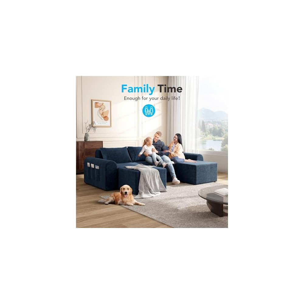 Decofy Cloud Boneless Sectional Sofa for Living Room, 3-Seater Modular Couch for Small Apartments with 2 Ottomans, Deep Seat Chenille Fabric Sofa, No Assembly Required, 72H Full Restore, Blue
