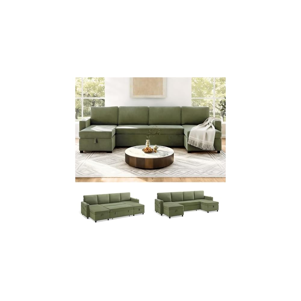 KISLOT 110 Inch Sectional Sleeper Sofa with Pull Out Bed Convertible Plush 2 in 1 Couch with Storage Chaise & USB Charging Comfy L Shaped Modular Couches for Living Room Apartment(3 Box)