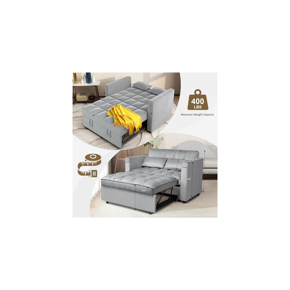 ORRD Convertible Sofa Bed,3-in-1 Multi-Functional Velvet Sleeper Couch Pull-Out 48'' Loveseat Bed Chaise Lounge with Adjustable Backrest and Pillows,Hidden Side Table for Living Room,Small Space Grey
