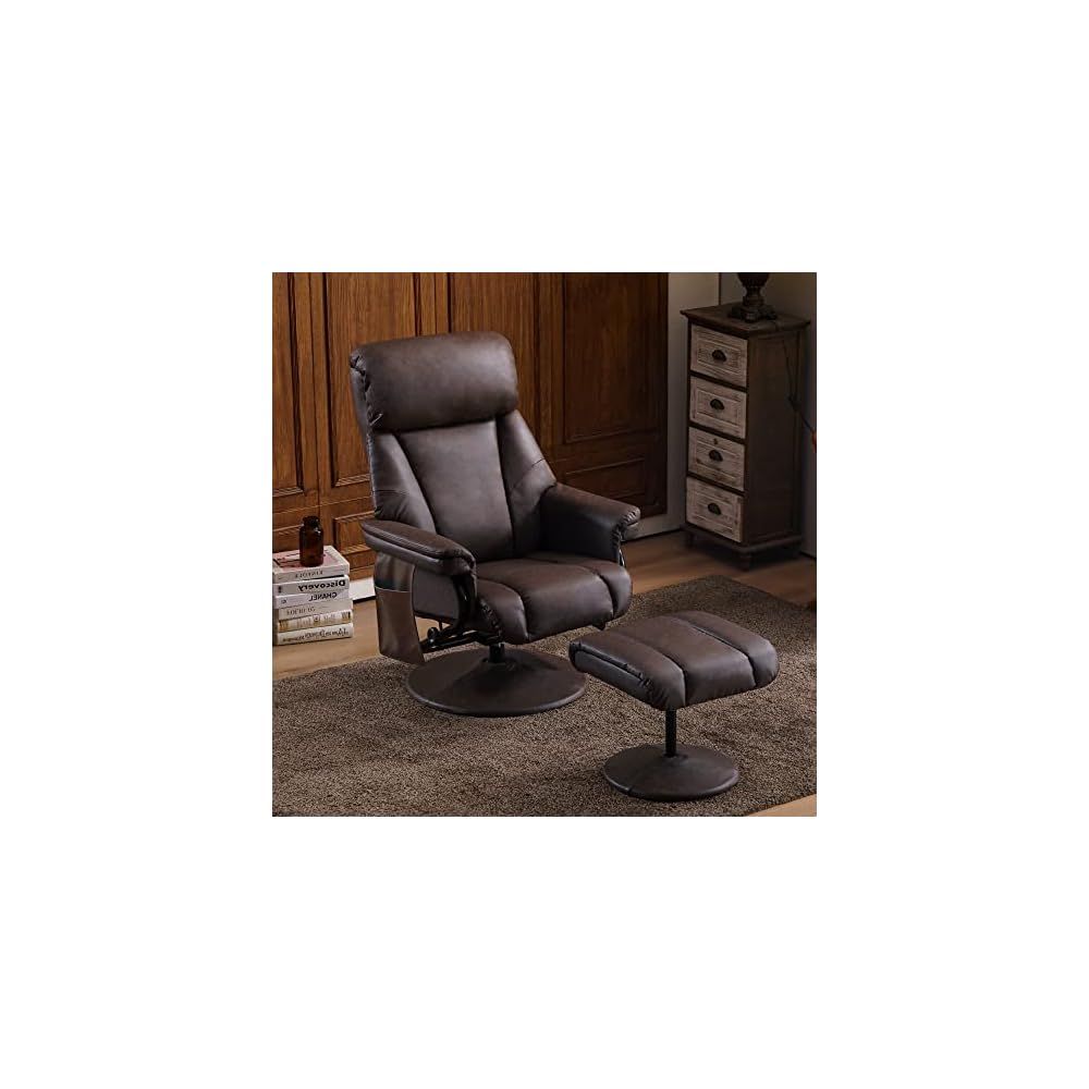 MCombo Swivel Recliner with Ottoman, TV Chair with Vibration Massage, Ideal for RV Small Space, Living Room & Bedroom 4539 4828 (Faux Leather, Dark Brown)
