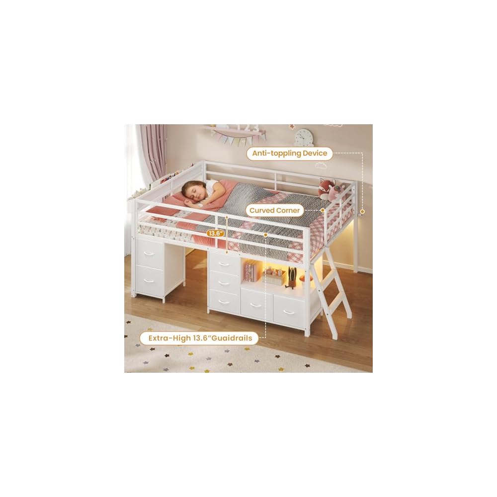 ADORNEVE Kids Low Loft Bed Full with 7 Drawers, Bookcase, Safety Guardrail