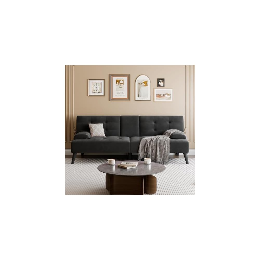 64" Futon Sofa Bed, 64" Convertible Loveseat with 2 Cup Holders, Small Couch with 3 Adjustable Angles & Removable Armrest, Sleeper Sofa for Apartment, 5.3 FT, Black