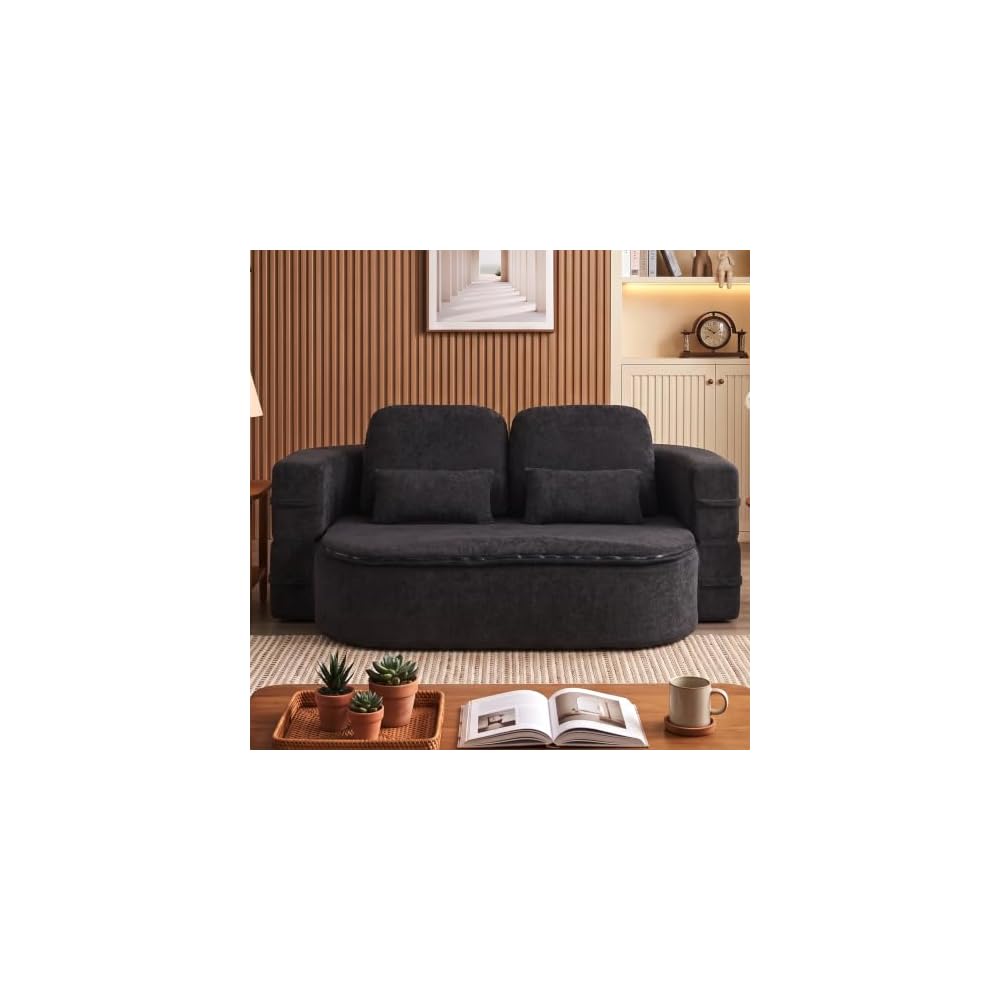 75'' Chenille Convertible Floor Couch, 2‑in‑1 Sleeper Sofa Bed