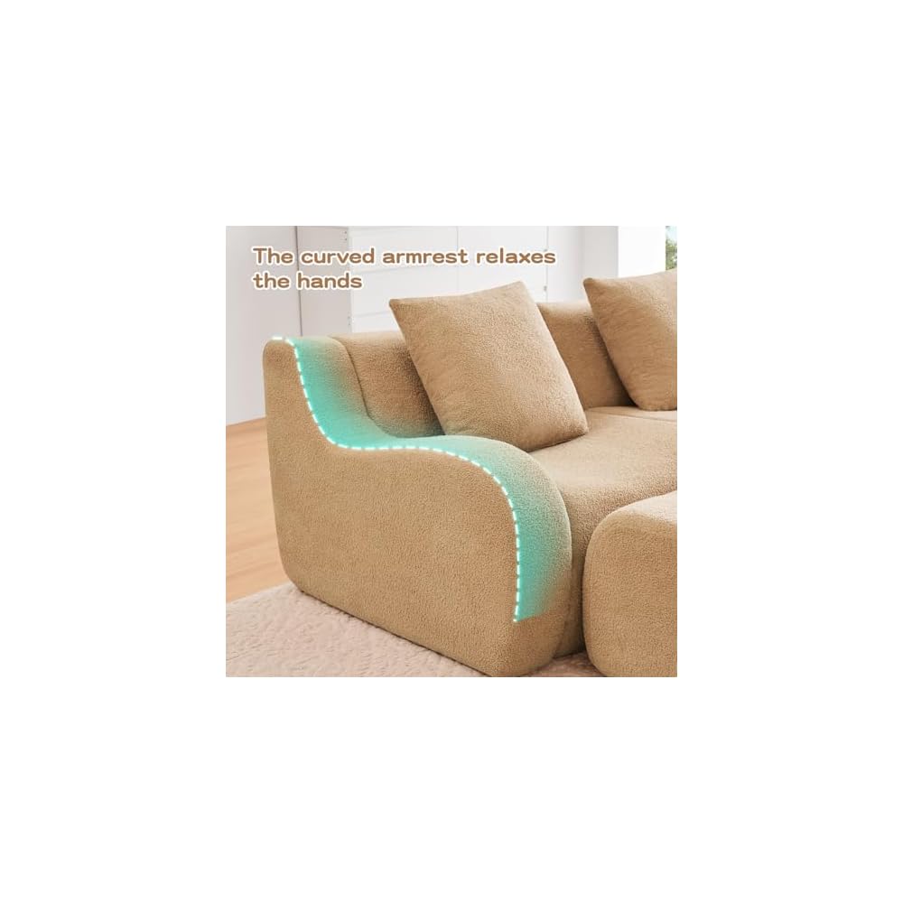 Three-Seat Boneless Sofa Teddy Fabric, No Assembly Required, Ergonomic Design, Camel