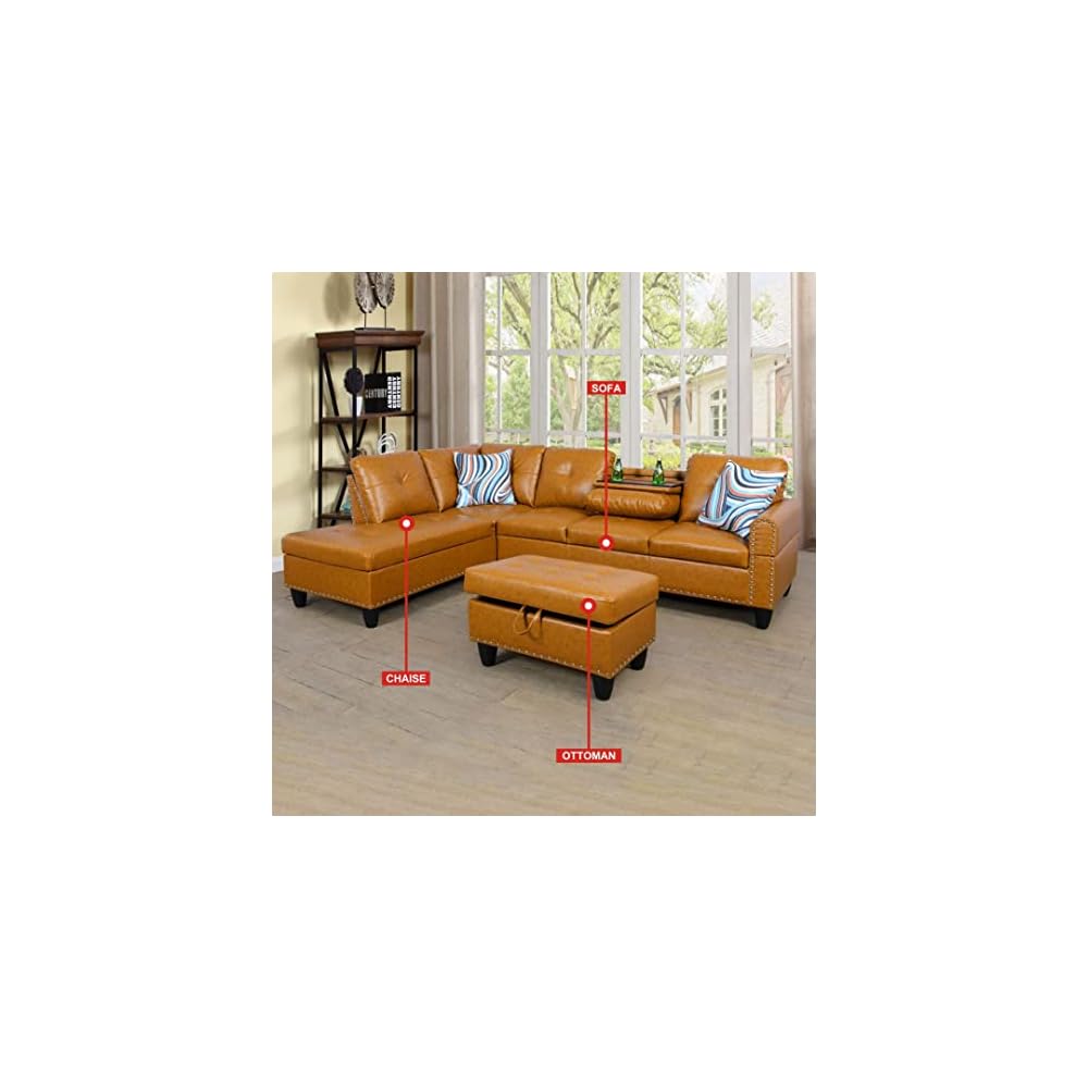 EMKK 3-Piece Faux Leather L-Shaped Sectional Sofas, Button Tufted Upholstered Couches with Chaise Lounge and Storage Ottoman, Modular Living Room Set, Foldable Console and Cup Holder