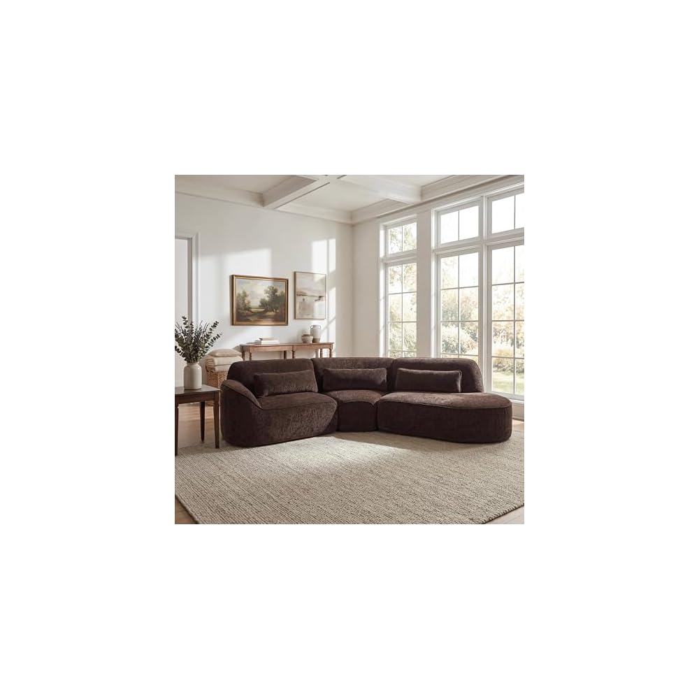 Merax 123.23" Curved Polyester Sectional Sofa Set, Modern Cloud Couch with Chaise Lounge & Right Hand Facing, High-Density Fully Compressed Sponge, Fully Assembled for Living Room, Dark Brown