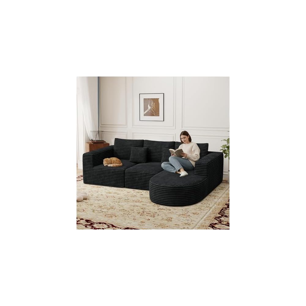 110” Modular Sectional Cloud Boneless Couches, L-Shaped Curved Sofa with Chaise, Deep Seat Convertible Sleeper Bed Include 2 pcs Pillow, No Assembly Required(Black Corduroy Fabric)