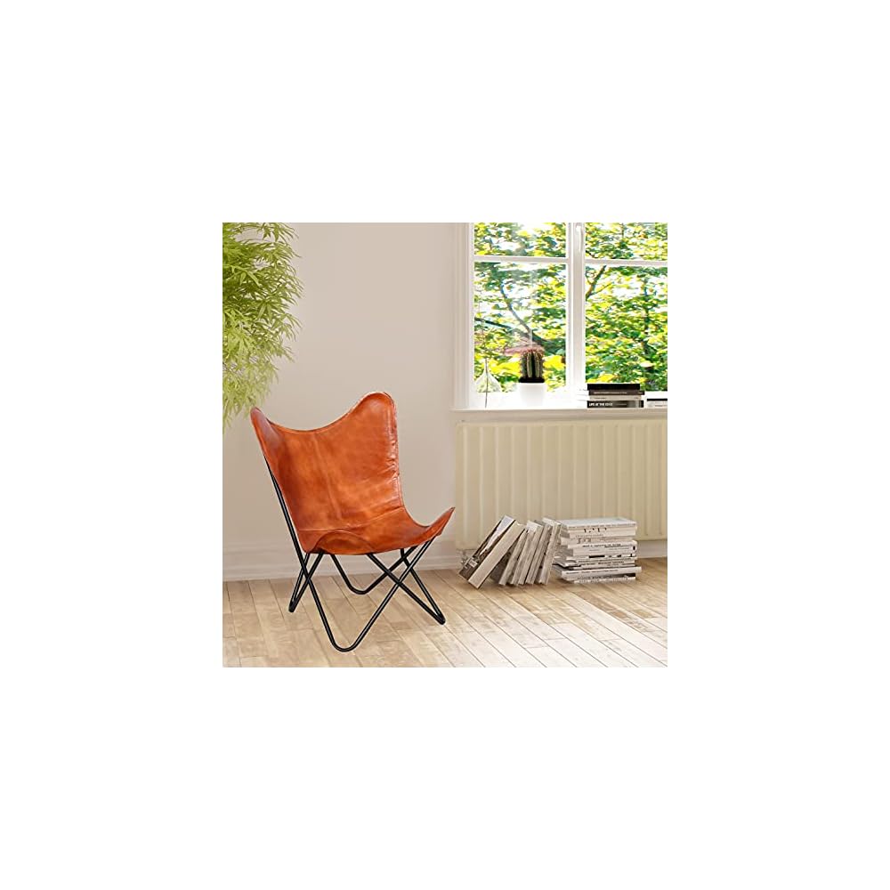 Brown Butterfly Chair-Leather-Handmade-Foldable, Solid Iron Frame-Industrial Lounge Chair