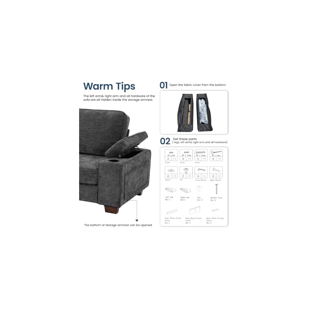 83" Couches for Living Room, Deep Seat Chenille Loveseat Sofa, Dark Grey