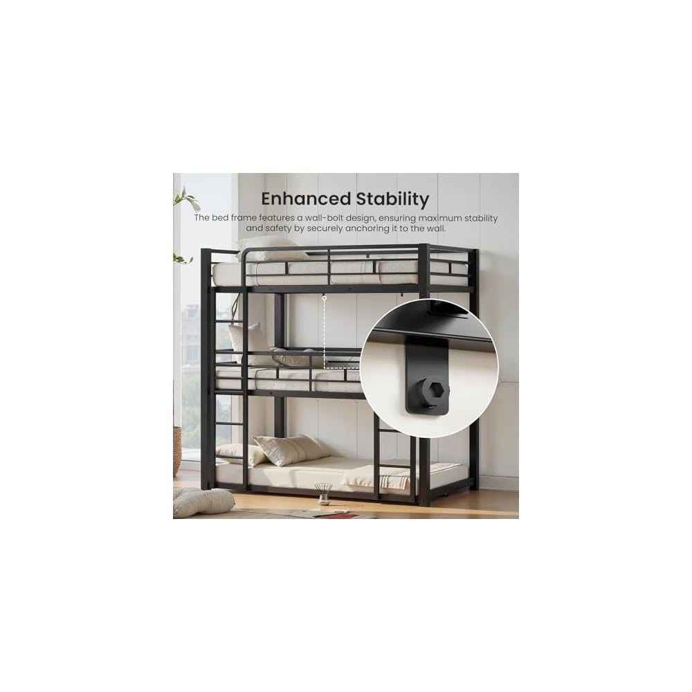 Mixcous Heavy Duty Triple Twin Size Bunk Bed, Twin Over Twin Over Twin
