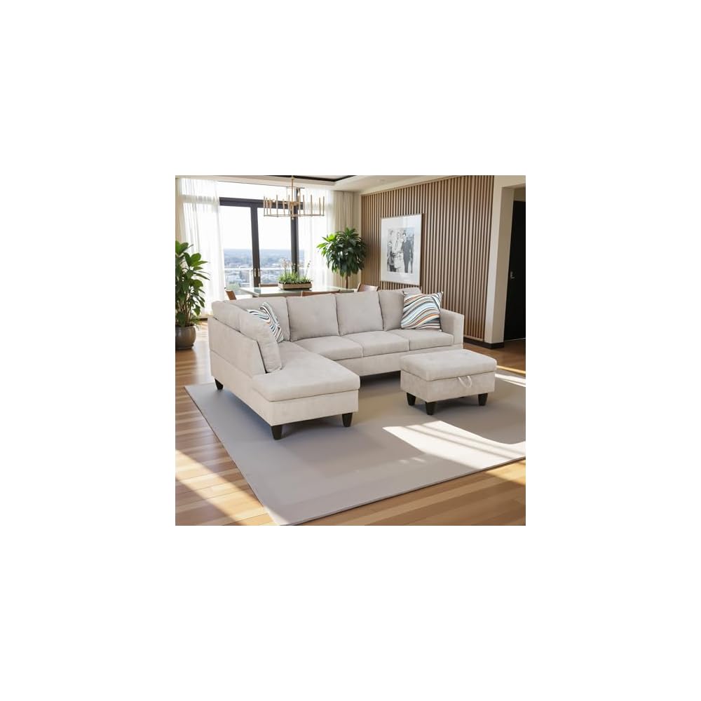 97" Oversized Sectional Couch, L Shaped Couch with Storage Ottoman, Modern Modular Sofa with Deep Seat, Sectional Couches for Living Room and Office, Off-White (Flannelette)