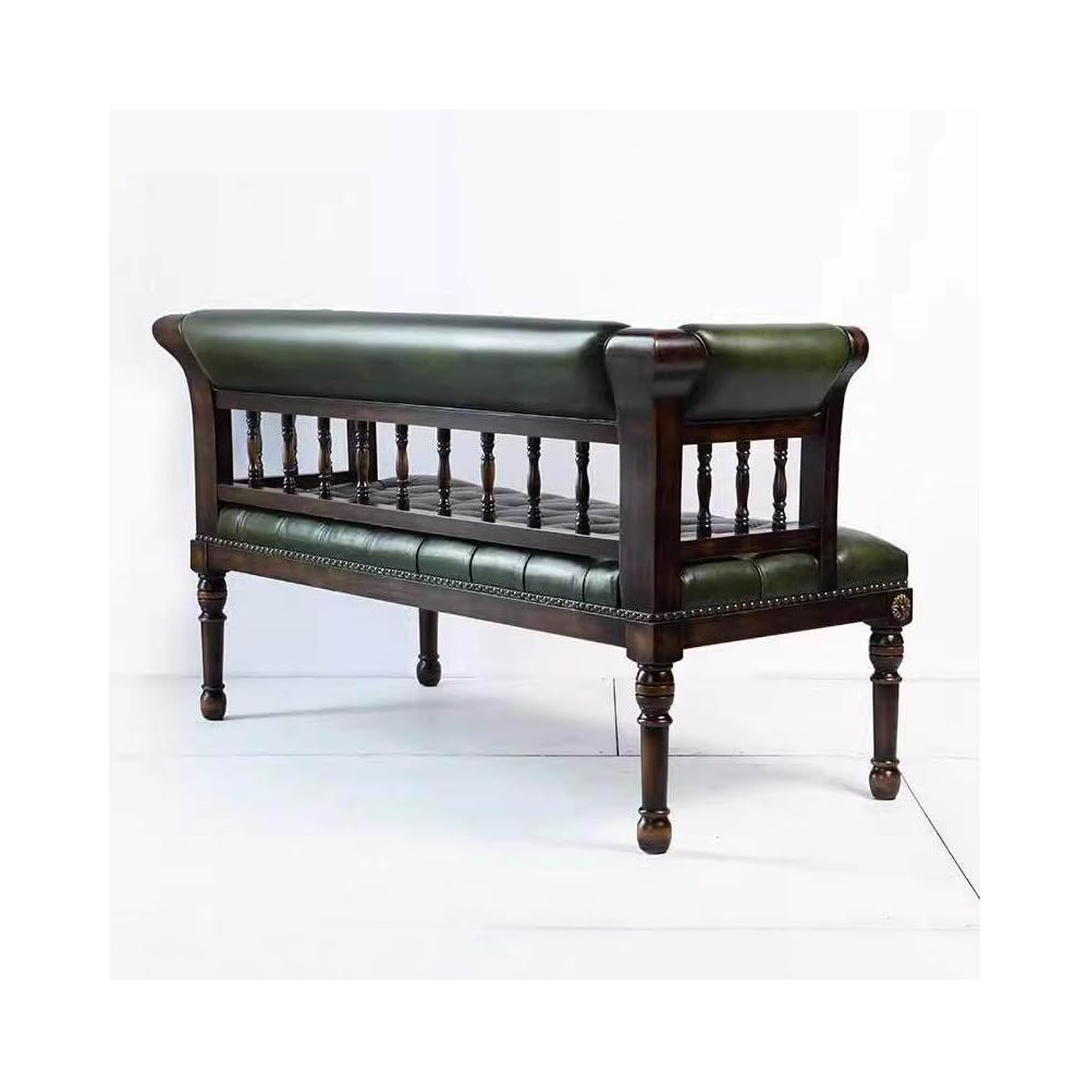 Vintage Solid Wood Loveseat Bench with Upholstered Leather Seat, Tufted Double Chair Sofa Bench for Entryway, Bedroom, Balcony & Living Room