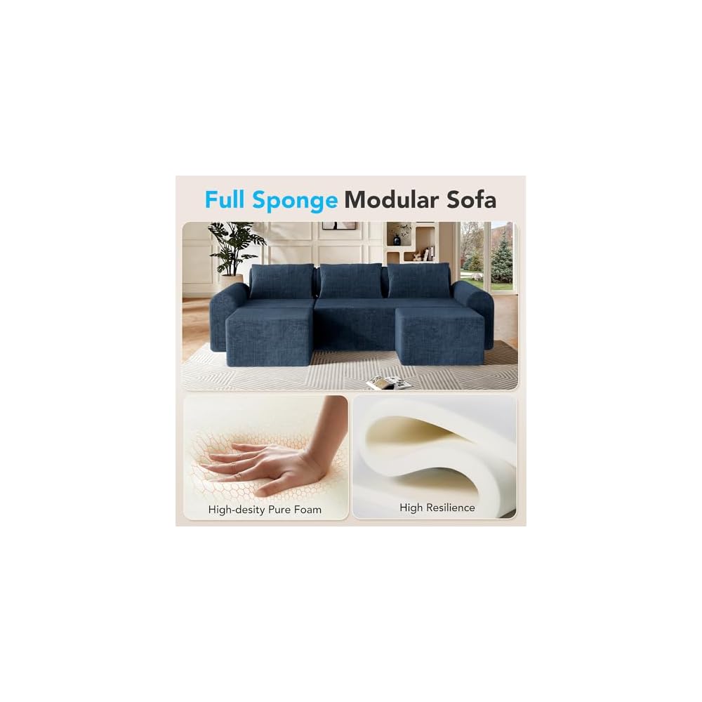 Decofy Cloud Boneless Sectional Sofa for Living Room, 3-Seater Modular Couch for Small Apartments with 2 Ottomans, Deep Seat Chenille Fabric Sofa, No Assembly Required, 72H Full Restore, Blue