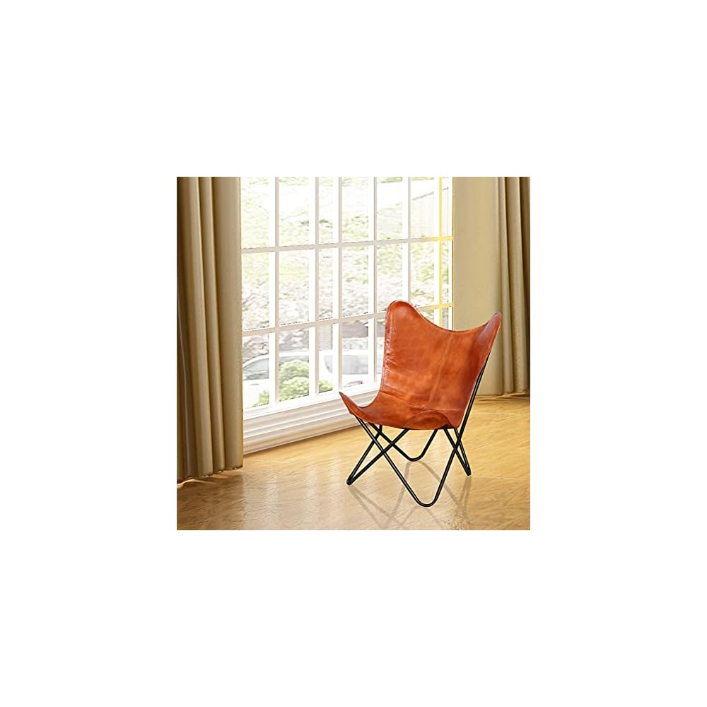 Brown Butterfly Chair-Leather-Handmade-Foldable, Solid Iron Frame-Industrial Lounge Chair