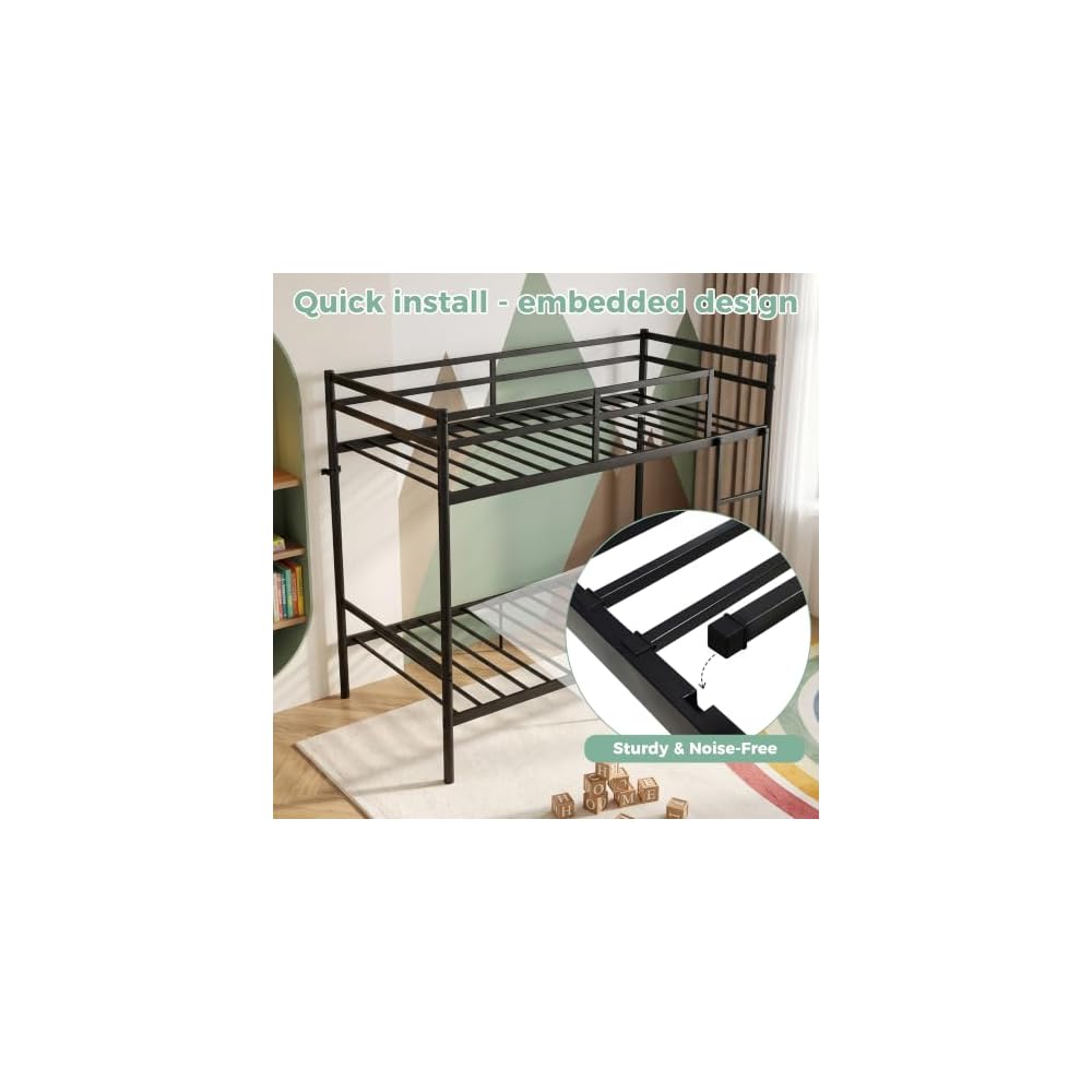 Metal Bunk Bed Twin Over Twin for Kids and Teens, Noise-Free Design, Black