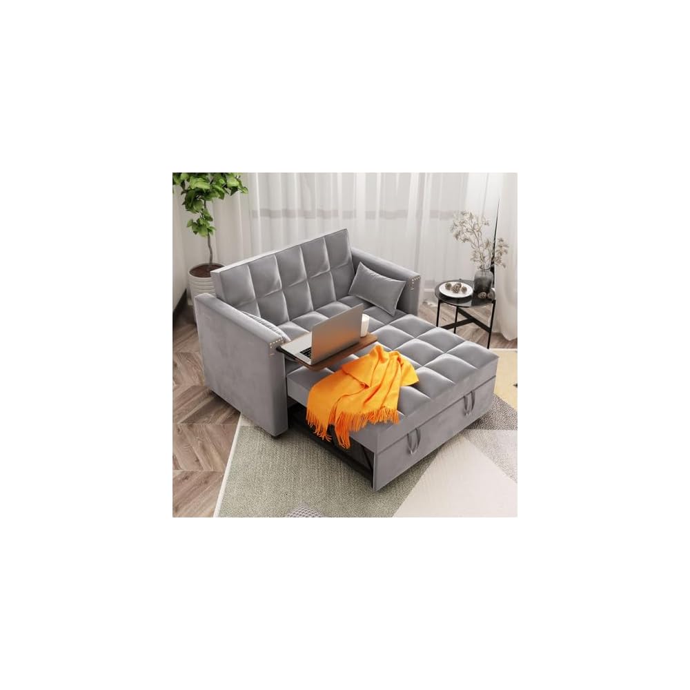 ORRD Convertible Sofa Bed,3-in-1 Multi-Functional Velvet Sleeper Couch Pull-Out 48'' Loveseat Bed Chaise Lounge with Adjustable Backrest and Pillows,Hidden Side Table for Living Room,Small Space Grey