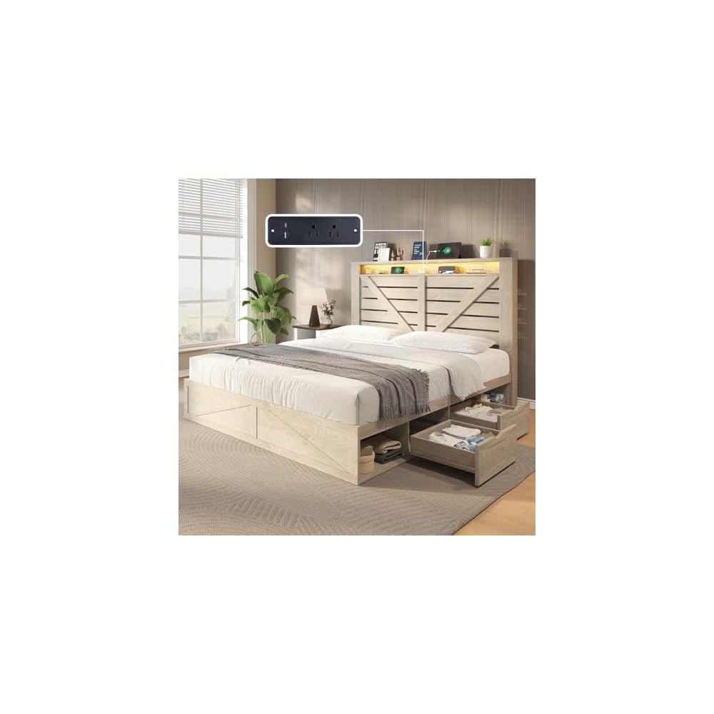 AMERLIFE Queen Farmhouse Bed Frame with 4 Drawers & Open Storage