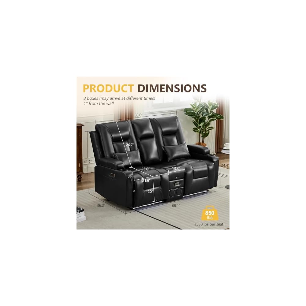 URRED Power Loveseat Recliner Sofa with Console, Wall Hugger Reclining Loveseat RV Couch with LED Light, 150° Zero Gravity Recliners Modular Couches for Living Room (Glossy Black, 68.1'' - 2 Seats)