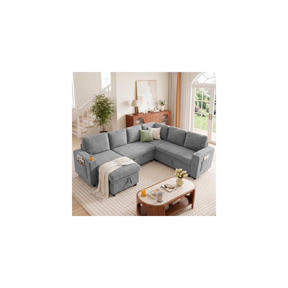 L-Shaped Sectional Sleeper Sofa with Pull Out Bed, 7-Seat, Grey