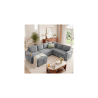 L-Shaped Sectional Sleeper Sofa with Pull Out Bed, 7-Seat, Grey